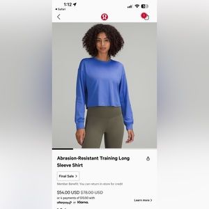 RELIST DUE TO SIZING ERROR-Lululemon abrasion resistant training long sleeve